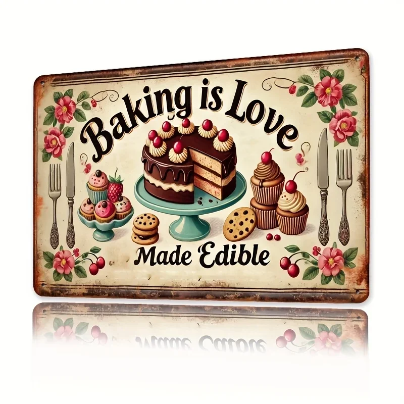 Kitchen And Baking - ديكور غرفة، لافتة معدنية بتصميم عتيق